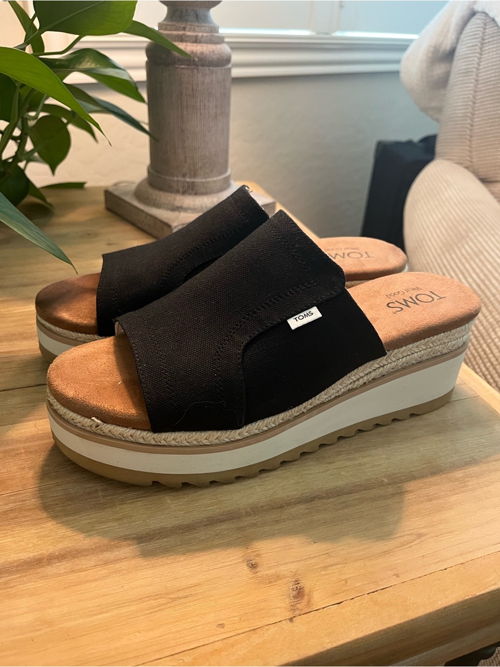 TOMS Black Canvas Wedge Slide Sandals - Picture 5 of 7